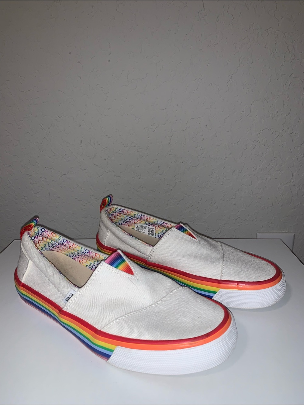Toms White Canvas Slip-On Sneakers with Rainbow Trim